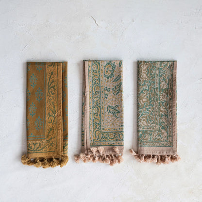 Cotton Printed Tea Towel with Designs, Tassles, Loop