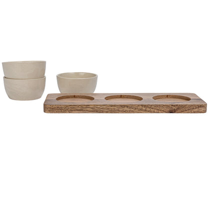 Mango Wood Tray w/ 3 Stoneware Bowls