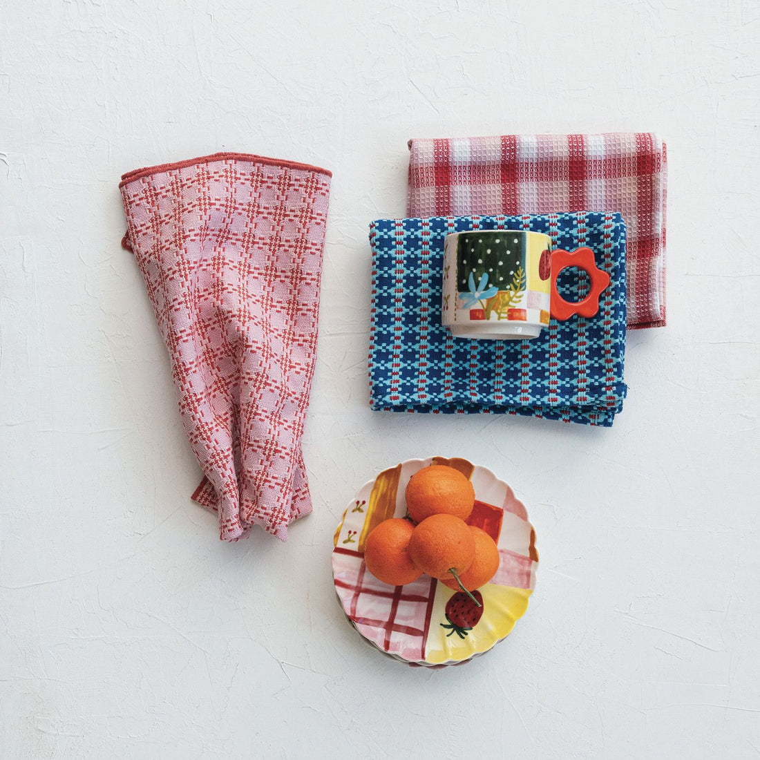 Waffle Weave Tea Towel with Pattern &amp; Stitched Edge