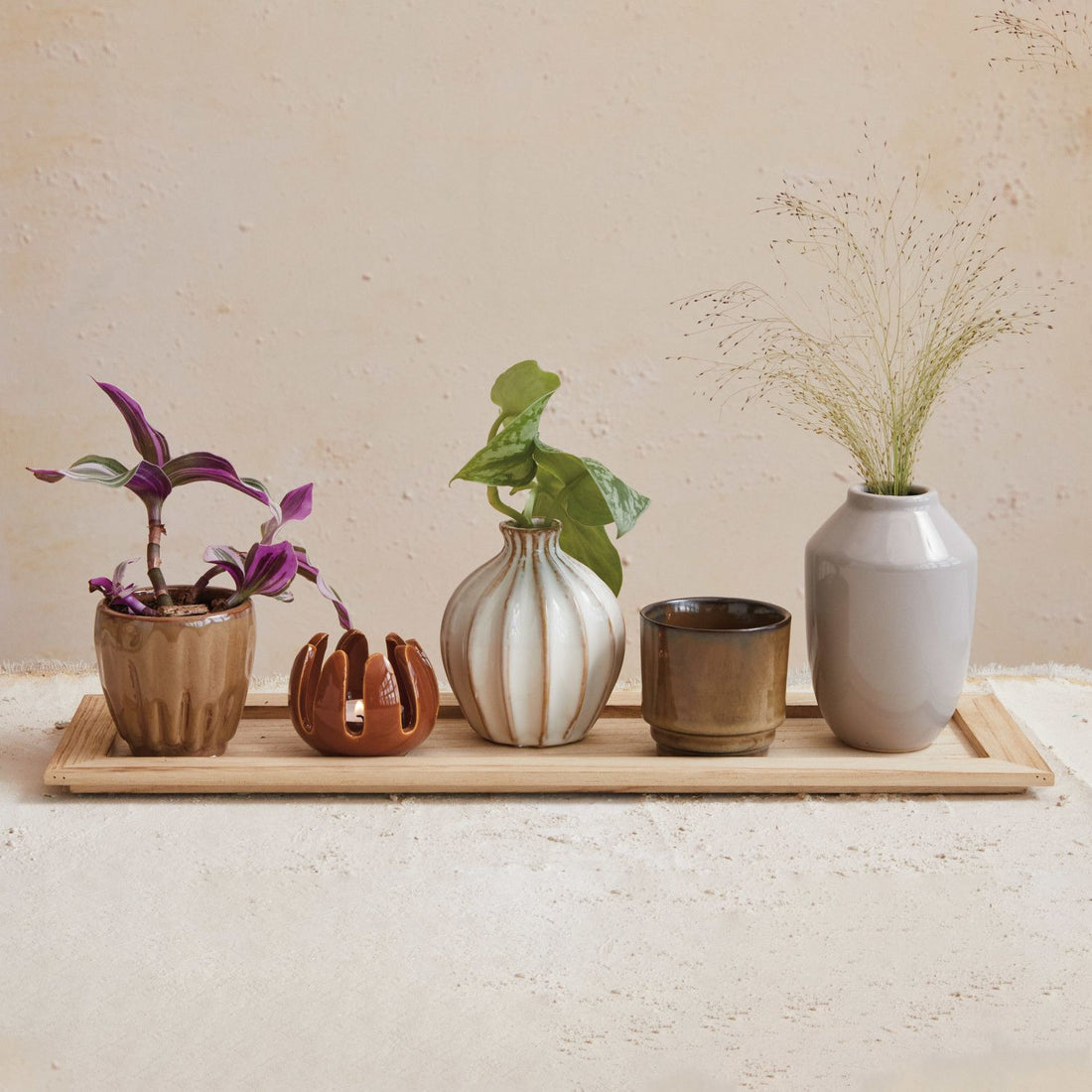 Wood Tray with 5 Stoneware Vases