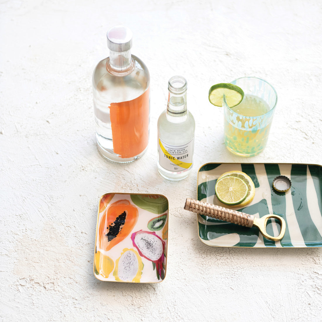 Enameled Metal Trays w/ Fruit/Abstract Image & Gold Rim
