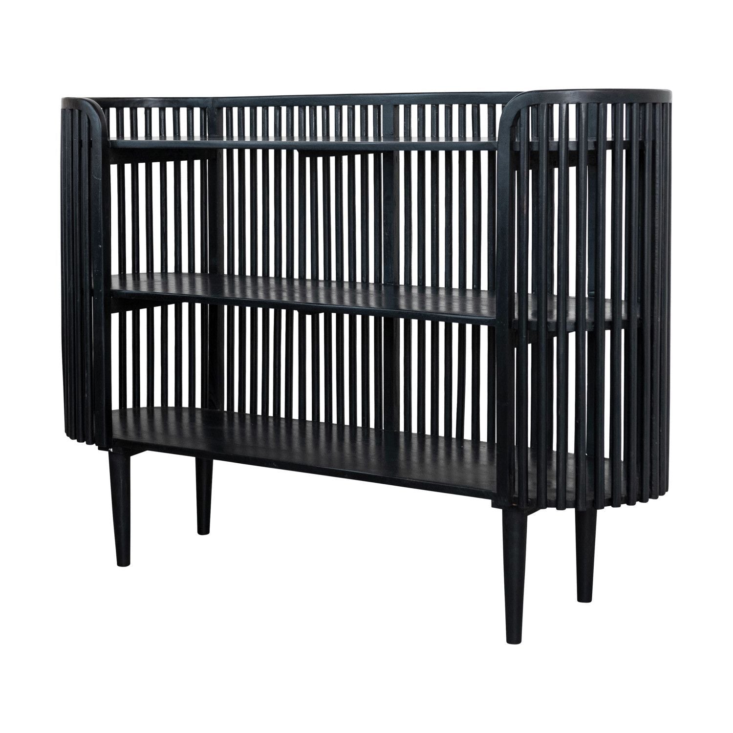 Black Wood Slatted Console Table with 2 Shelves
