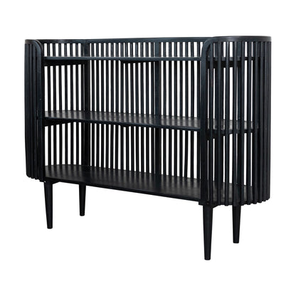 Black Wood Slatted Console Table with 2 Shelves