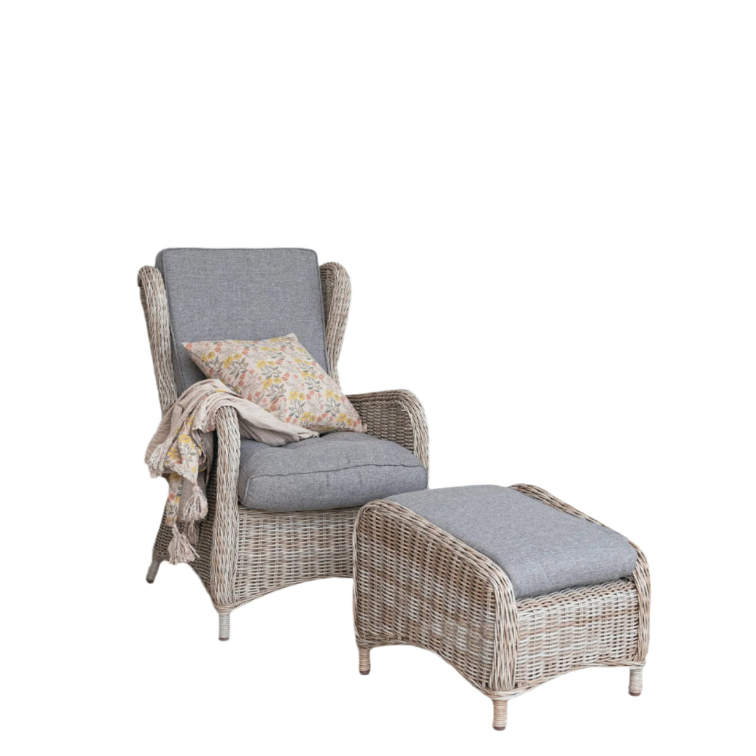 Hand-Woven Wicker Reclining Indoor/Outdoor Chair w/ Ottoman