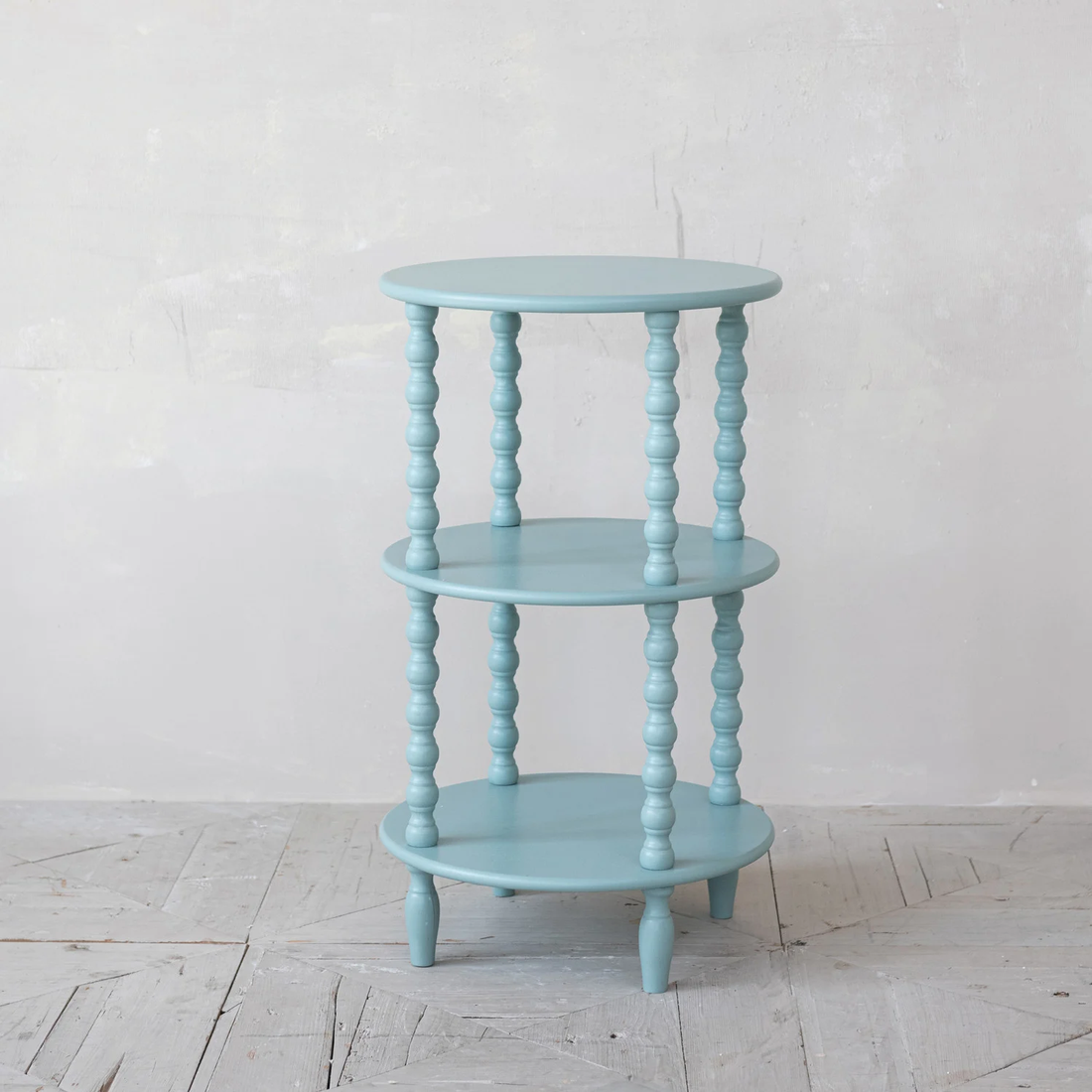 Blue Wood Table with 2 Shelves &amp; Turned Legs