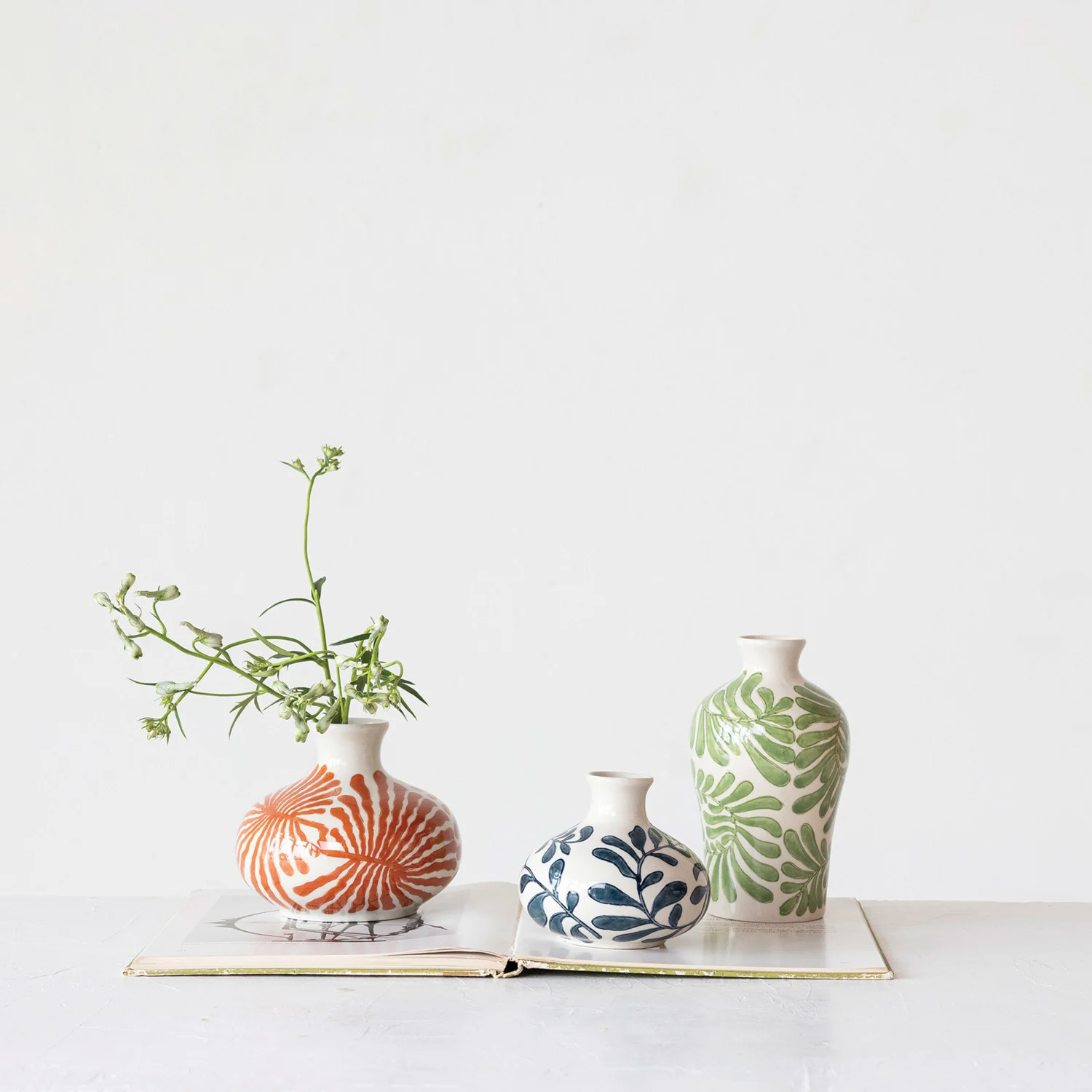 Hand-Painted Stoneware Vases w/ Abstract Designs
