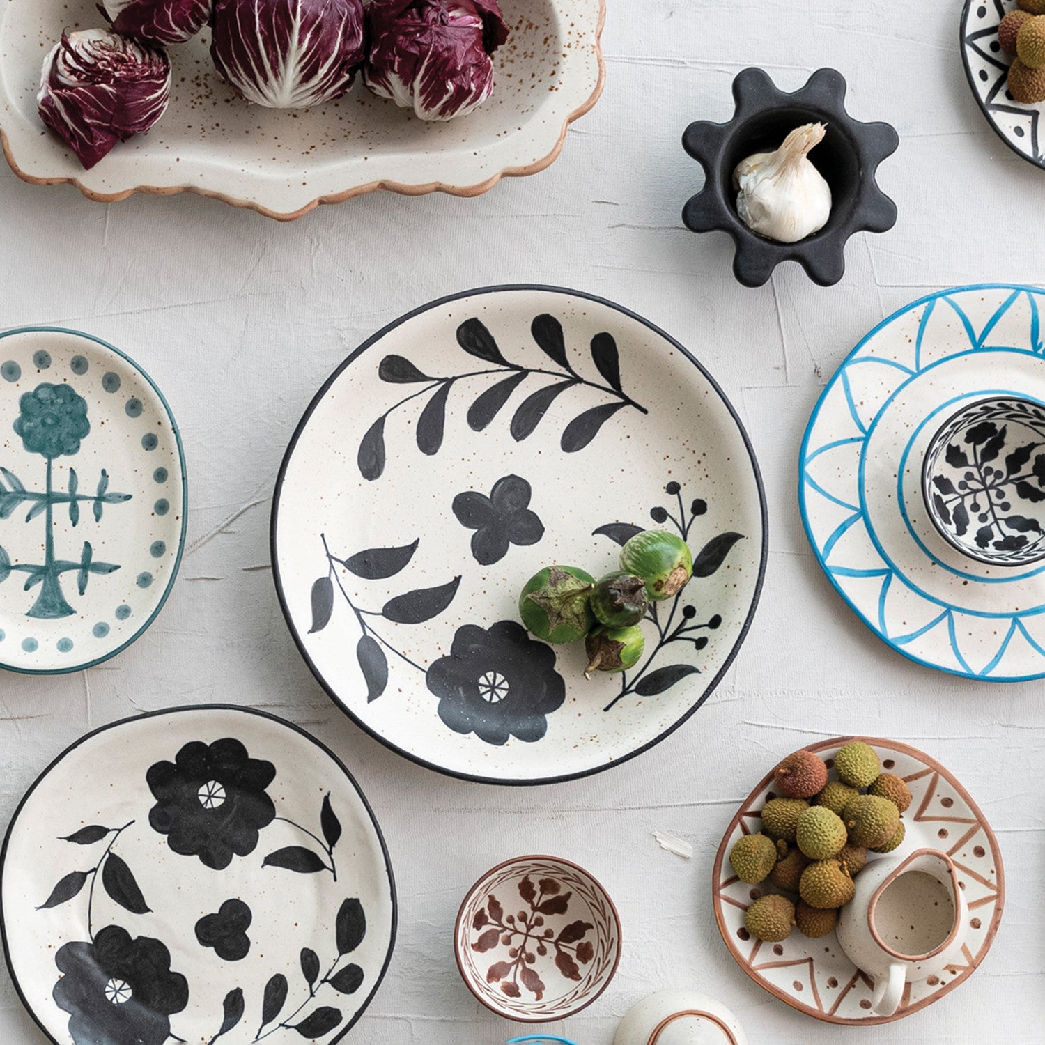 Hand-Painted Stoneware Bowl w/ Floral Design, Matte Black &amp; Cream Color Speckled