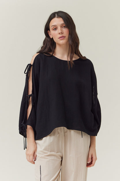 The Effortless Gauze Blouse | Relaxed Black Top with Tie Sleeves