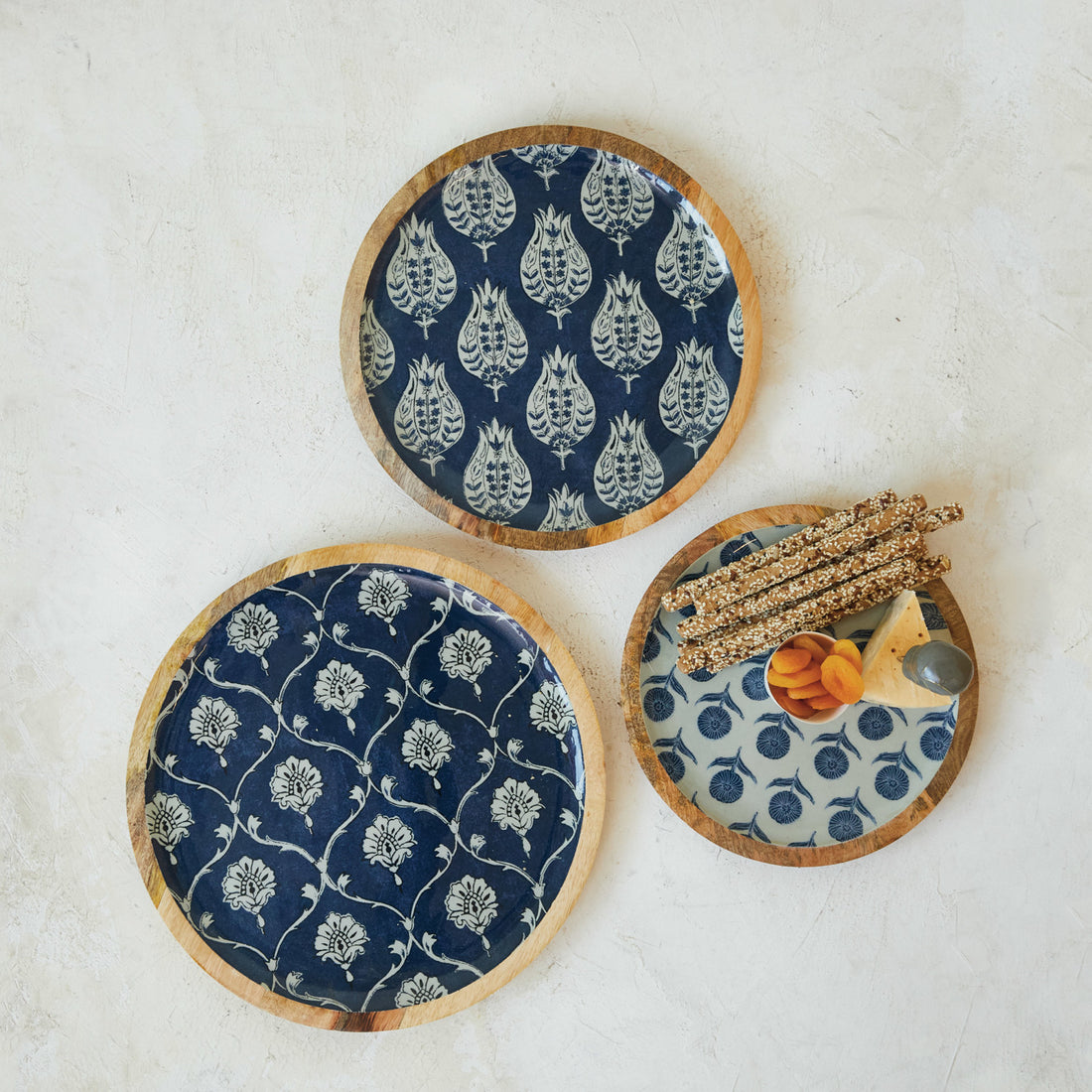 Enameled Mango Wood Trays w/ Floral Pattern