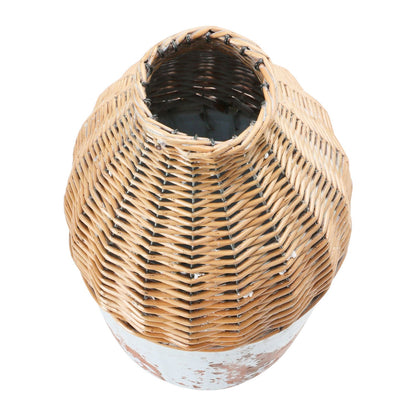 Distressed Hand-Woven Rattan and Clay Vase