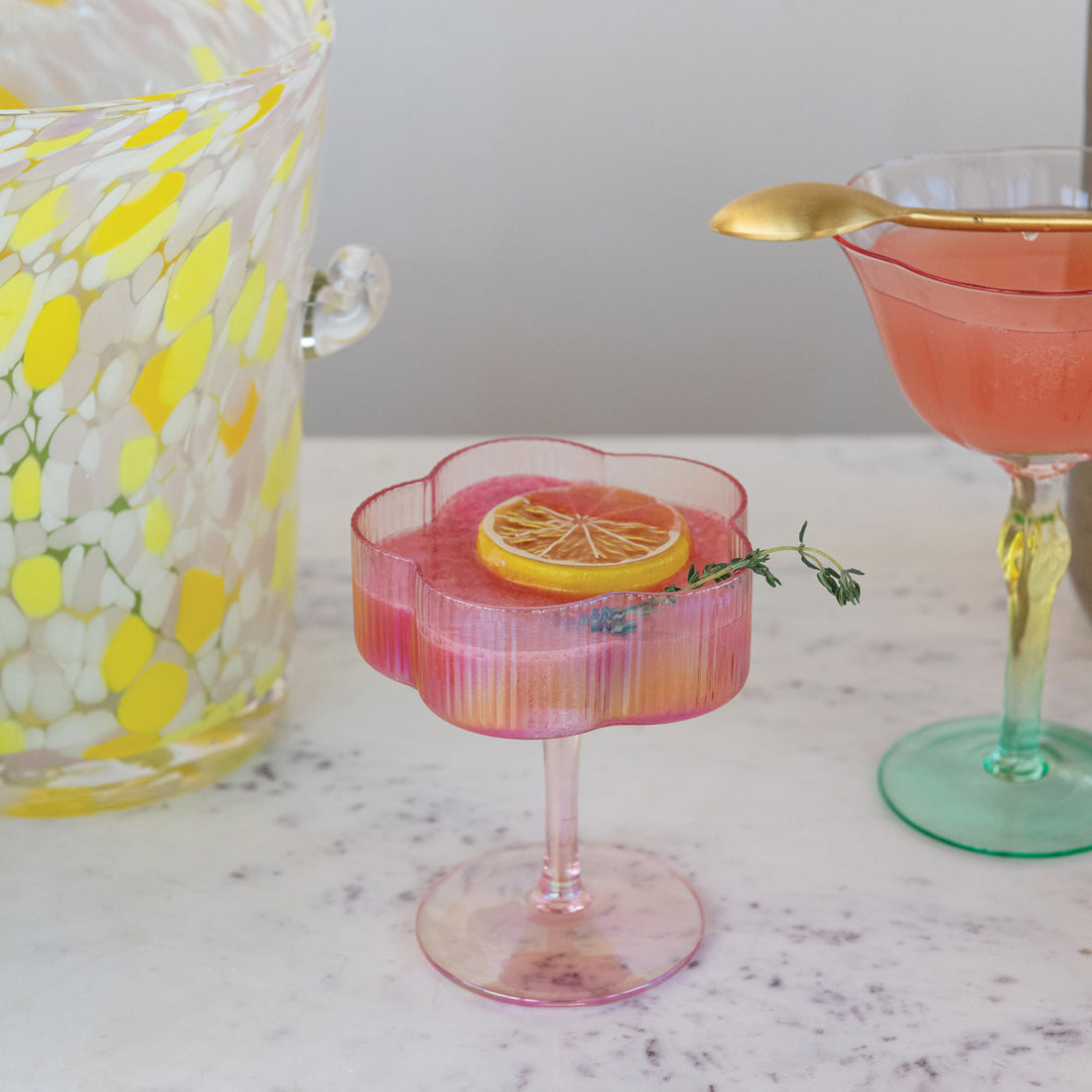 Hand-Blown Pleated Flower Shaped Stemmed Coupe Glass