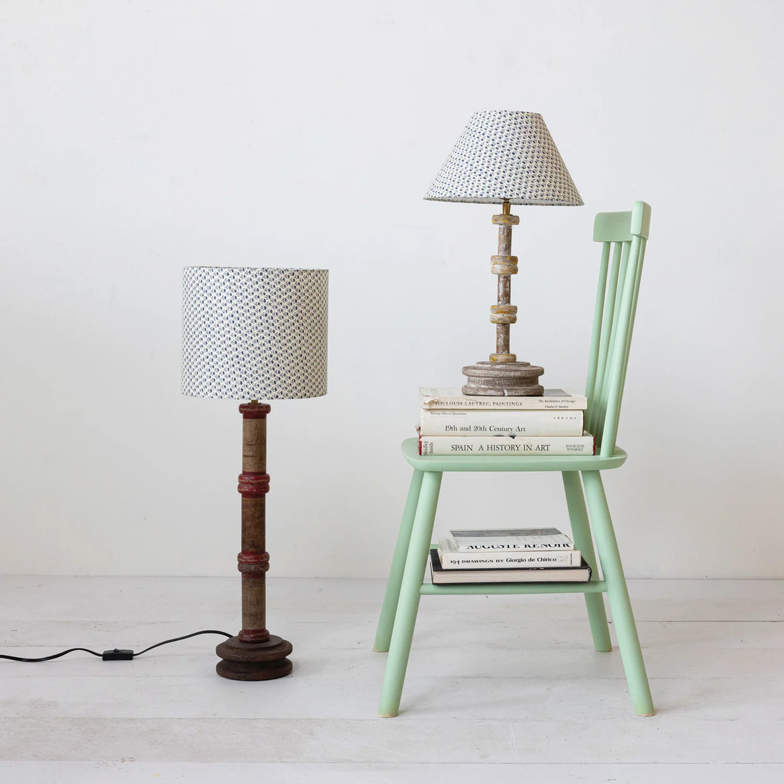 Found Wood Spool Table Lamp w/ Cotton Shade &amp; Swivel Neck