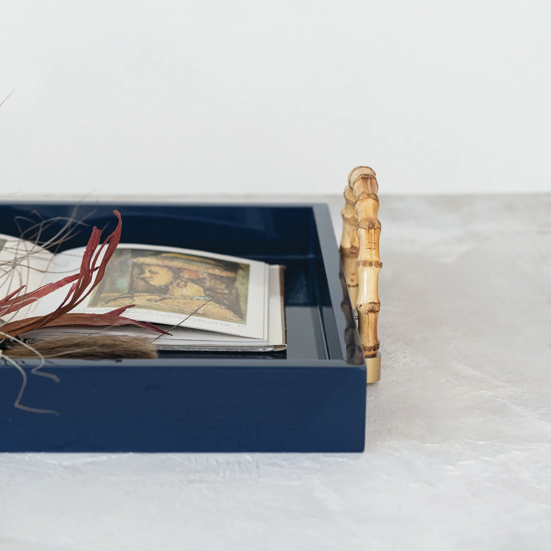 Lacquered Tray w/ Bamboo Handles &amp; Metal Detail