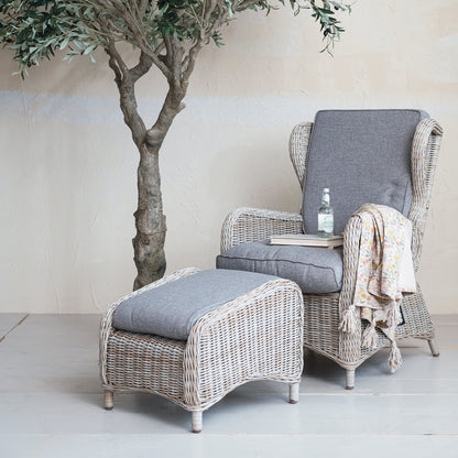 Hand-Woven Wicker Reclining Indoor/Outdoor Chair w/ Ottoman
