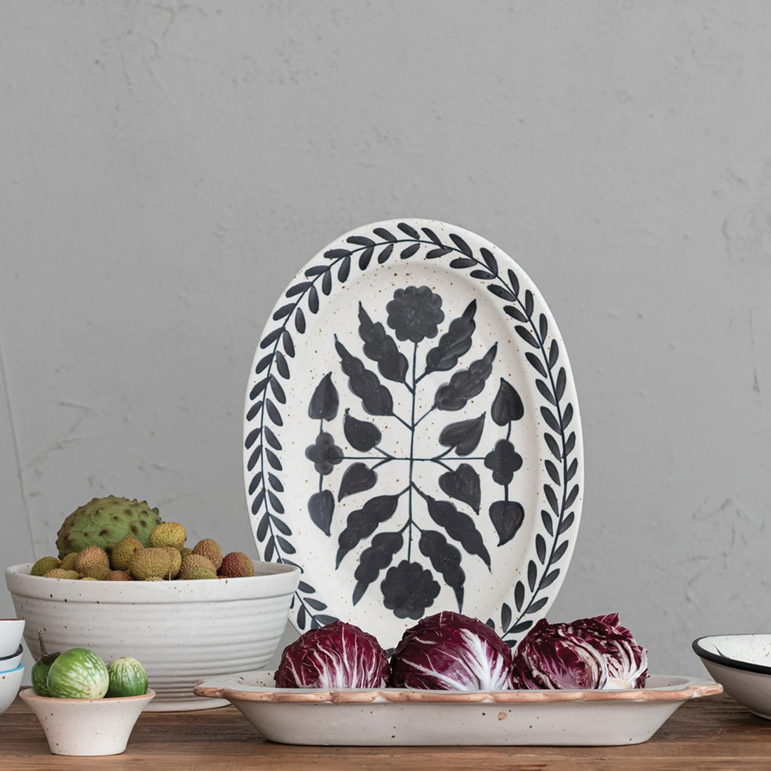 Hand-Painted Stoneware Platter w/ Floral Design