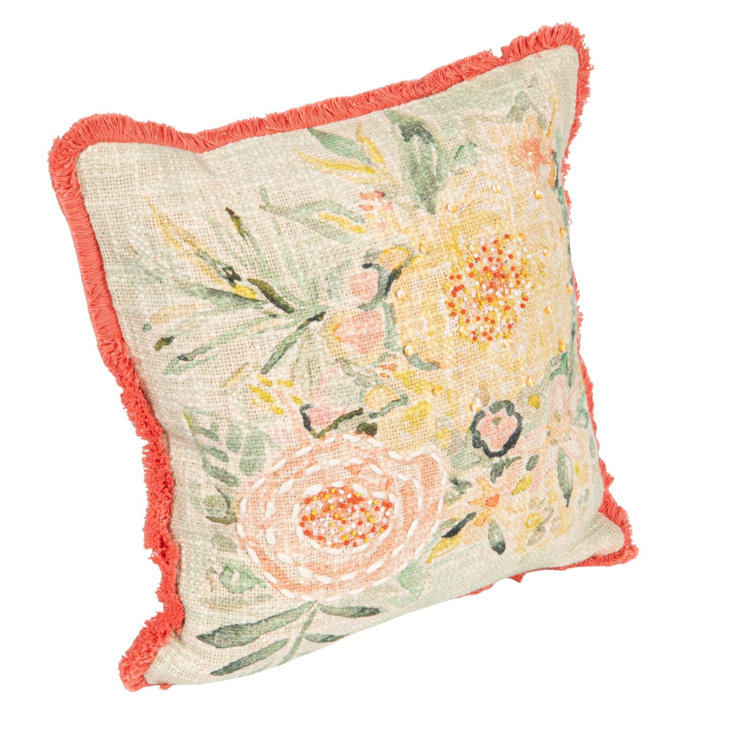 Cotton Slub Pillow with Flowers, Embroidery &amp; Eyelash Fringe