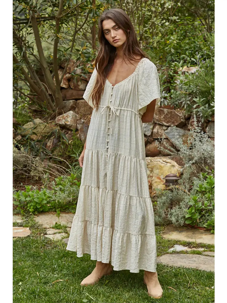Woven Button Down Sweetheart Tiered Flare Maxi Dress