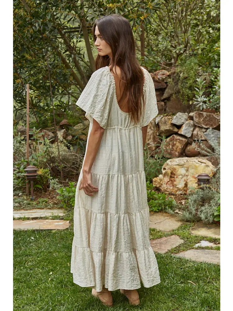 Woven Button Down Sweetheart Tiered Flare Maxi Dress