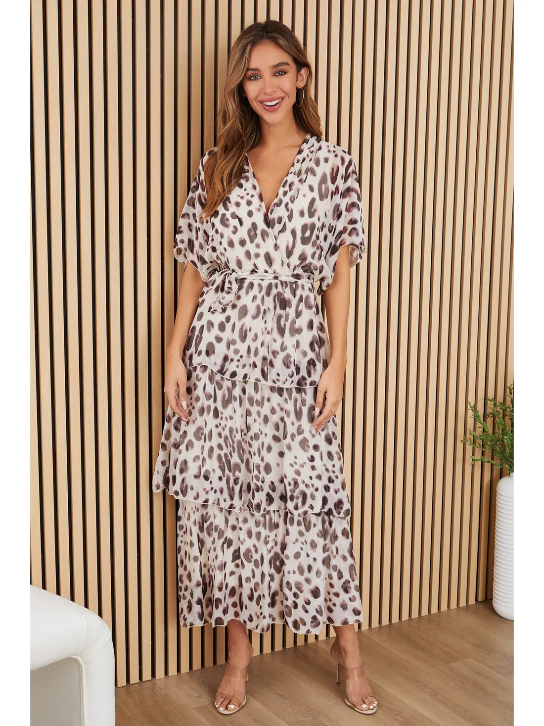 Leopard Empire Waist Tiered Silk Dress with Sash