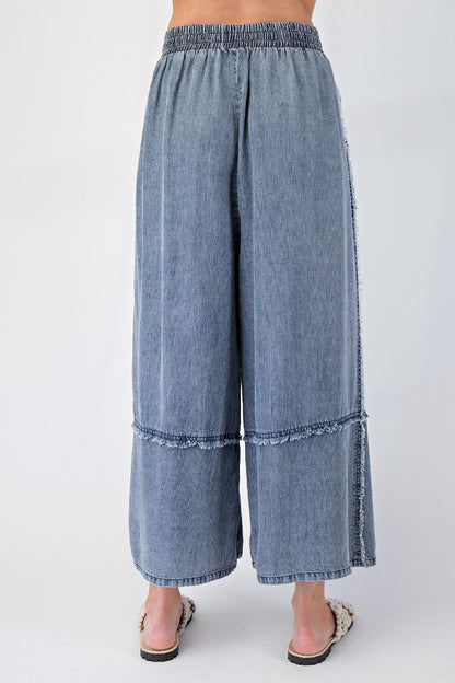 Self Fray Washed Chambray Palazzo Pants