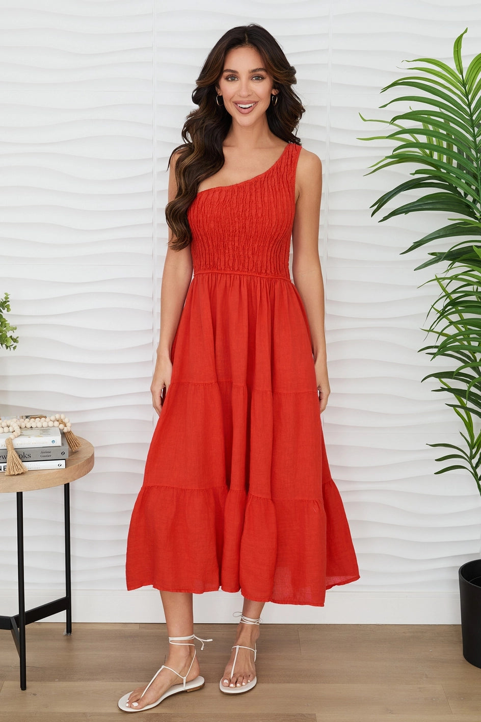 Shirred Tiered Maxi One Shoulder Dress