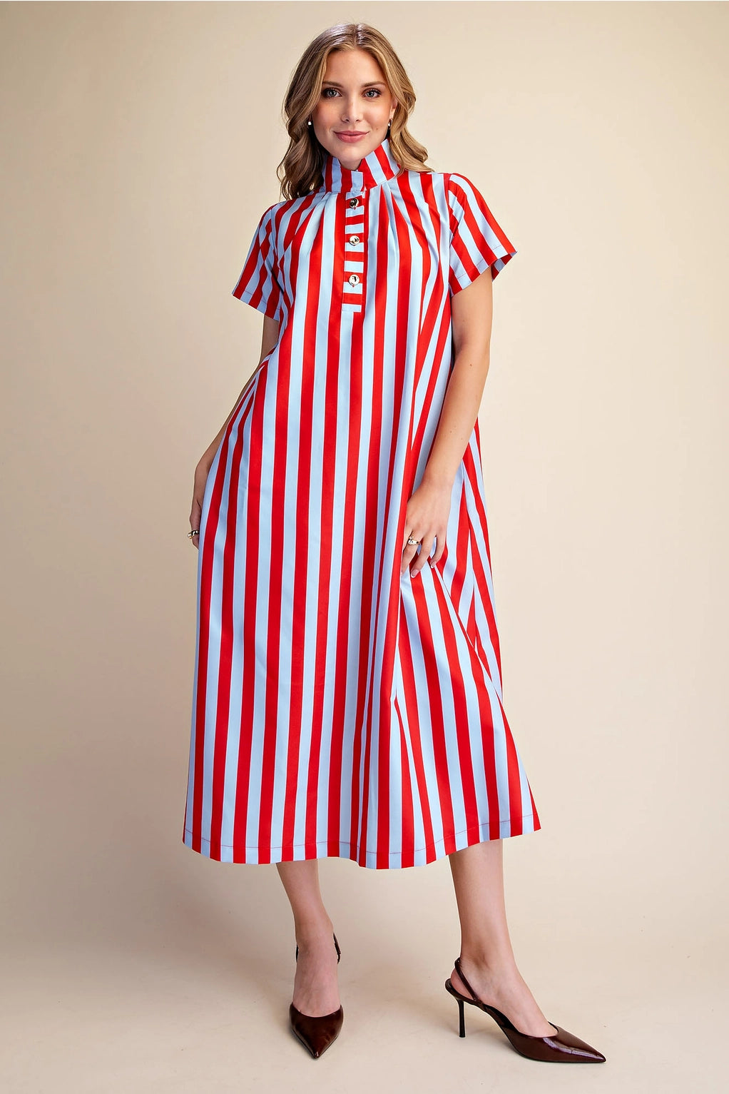 Striped Stand High-Neck Midi Dress