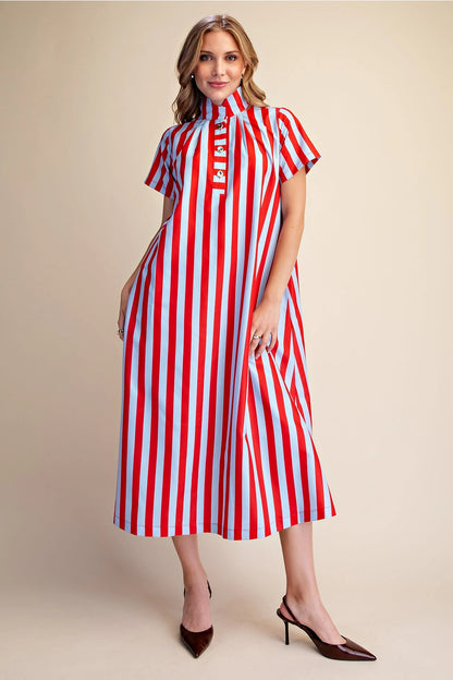 Striped Stand High-Neck Midi Dress