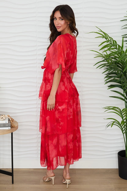 Splatter Print Empire Waist Tiered Silk Dress