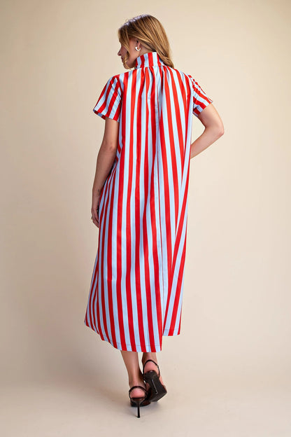 Striped Stand High-Neck Midi Dress