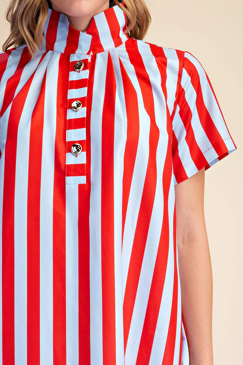 Striped Stand High-Neck Midi Dress