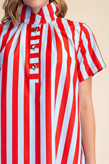Striped Stand High-Neck Midi Dress