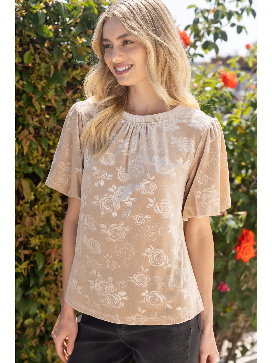 Rose Textured Puff Sleeve Velvet Top