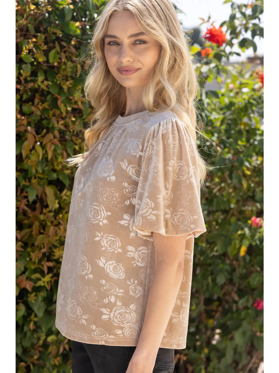 Rose Textured Puff Sleeve Velvet Top