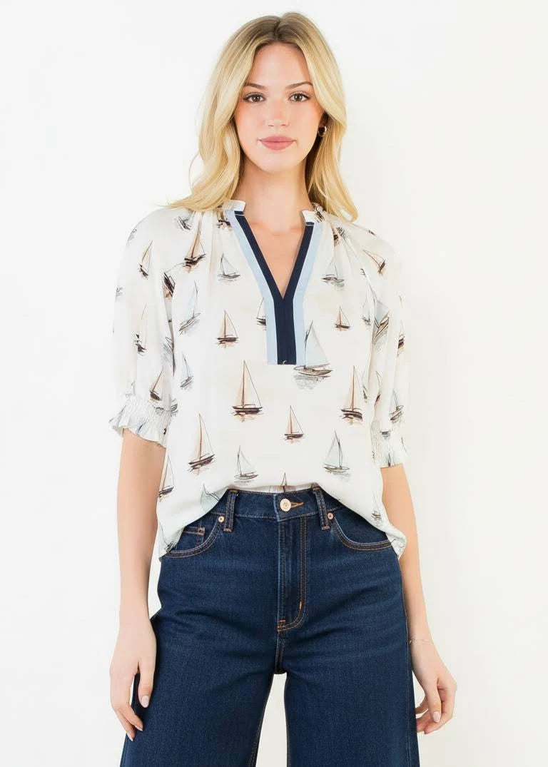 Sailboat Split-Neck Blouse