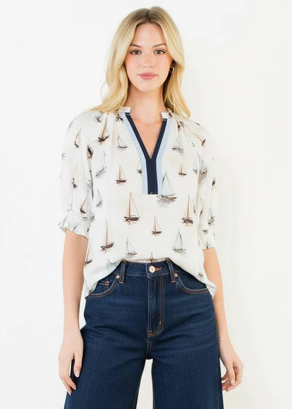 Sailboat Split-Neck Blouse
