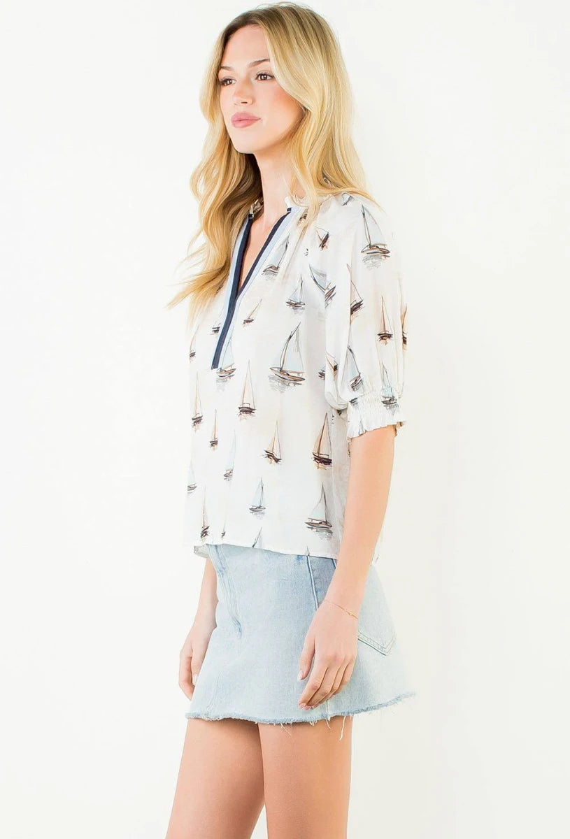 Sailboat Split-Neck Blouse