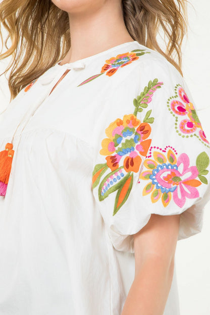 Embroidered Detail Puff Sleeve Top