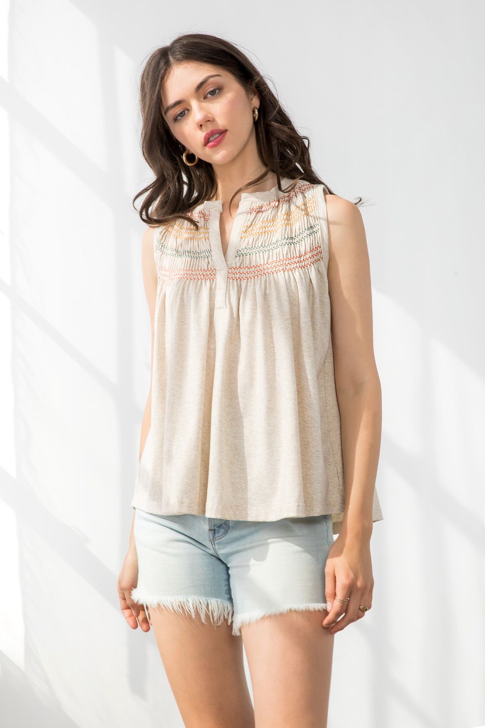 Smocked Sleeveless Knit Top
