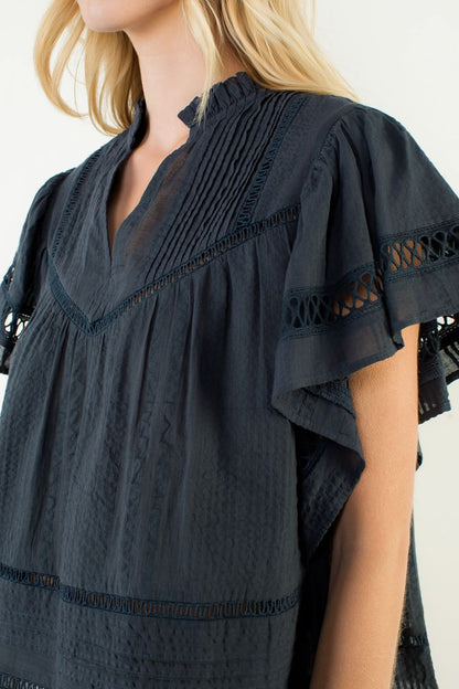 Midnight Eyelet Flutter Blouse