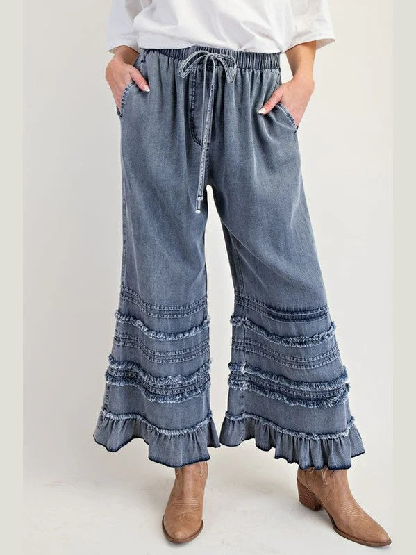 Dark Denim Fray Washed Pants