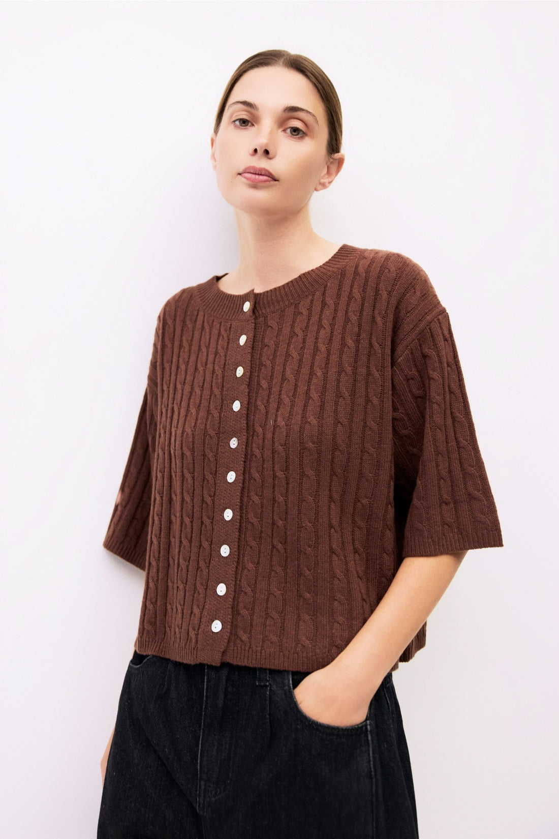 Short Sleeve Cable Knit Sweater