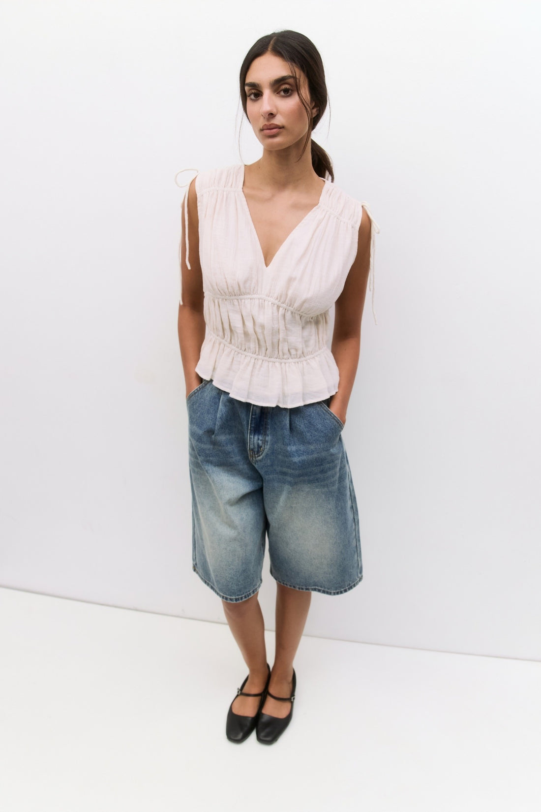 V Neck Tank Top with String Detail
