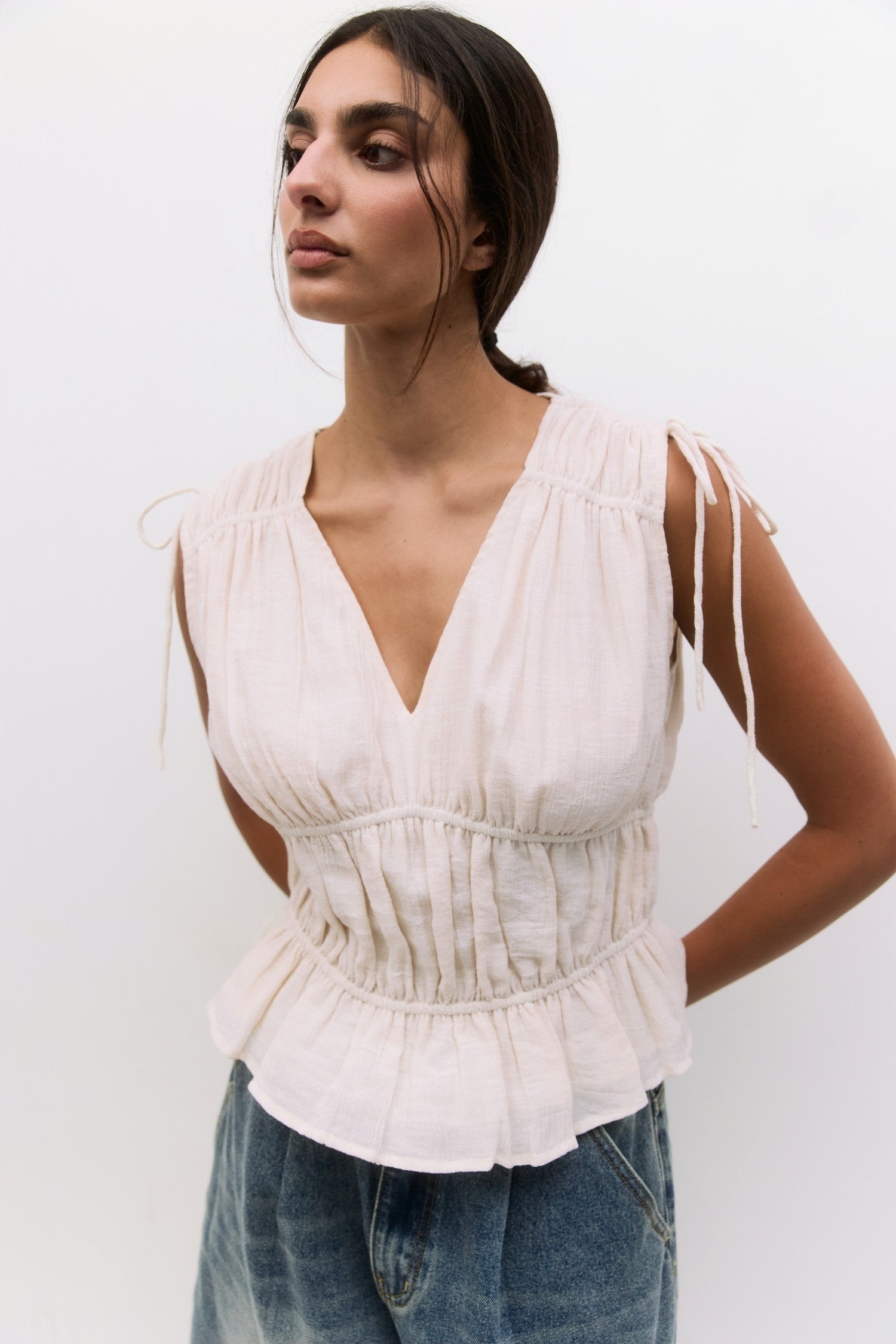 V Neck Tank Top with String Detail