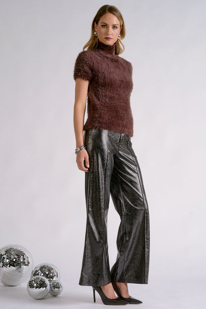 Fur Short-Sleeve Turtleneck Sweater
