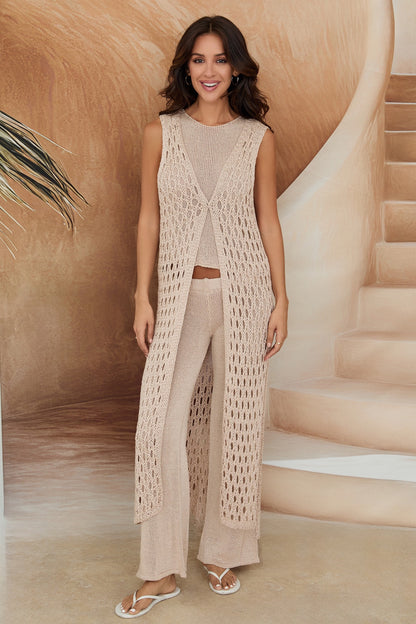 Crochet Knit Sleeveless Single Button Cardigan