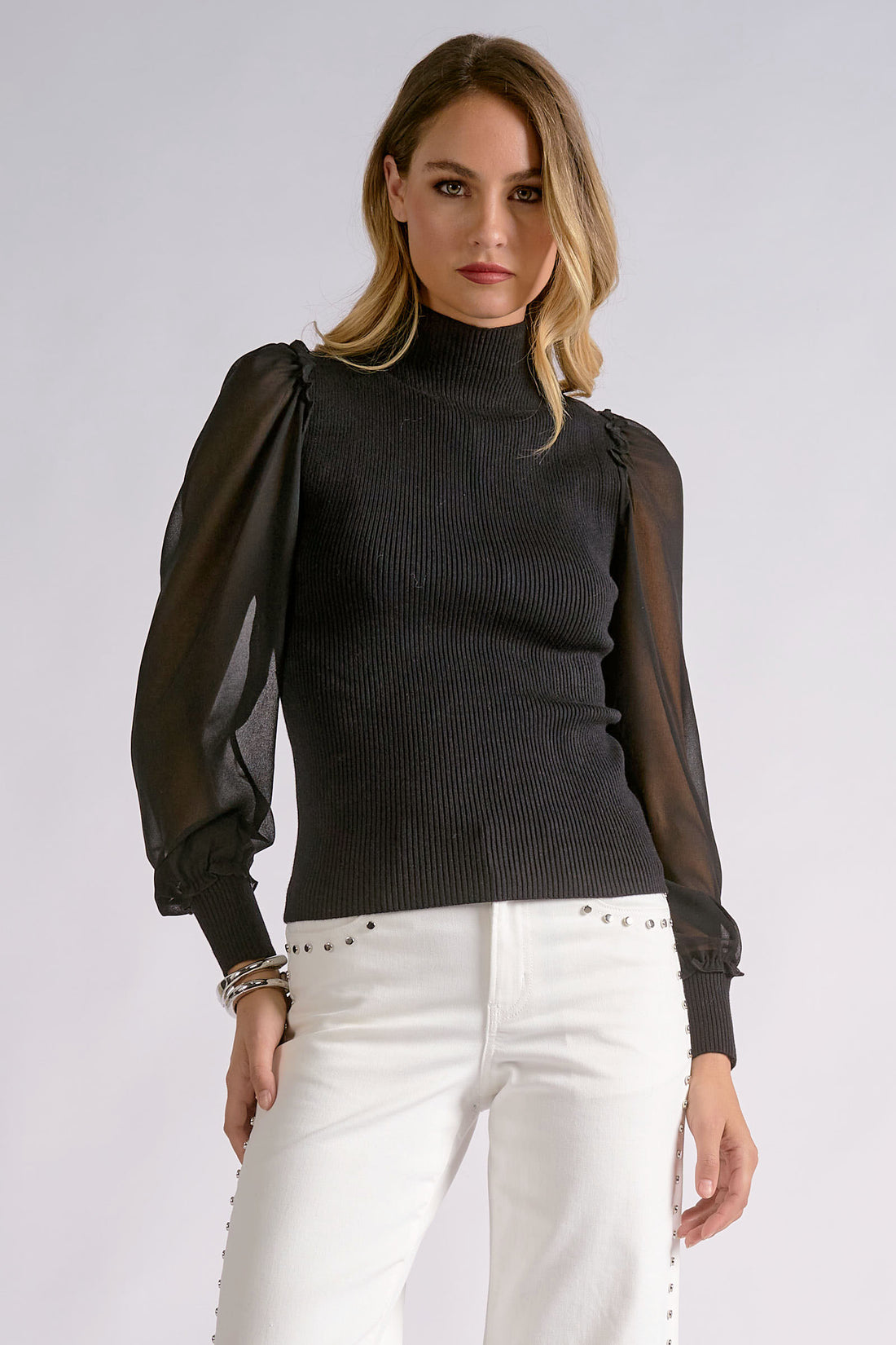 Sheer Sleeve Mock Neck Blouse