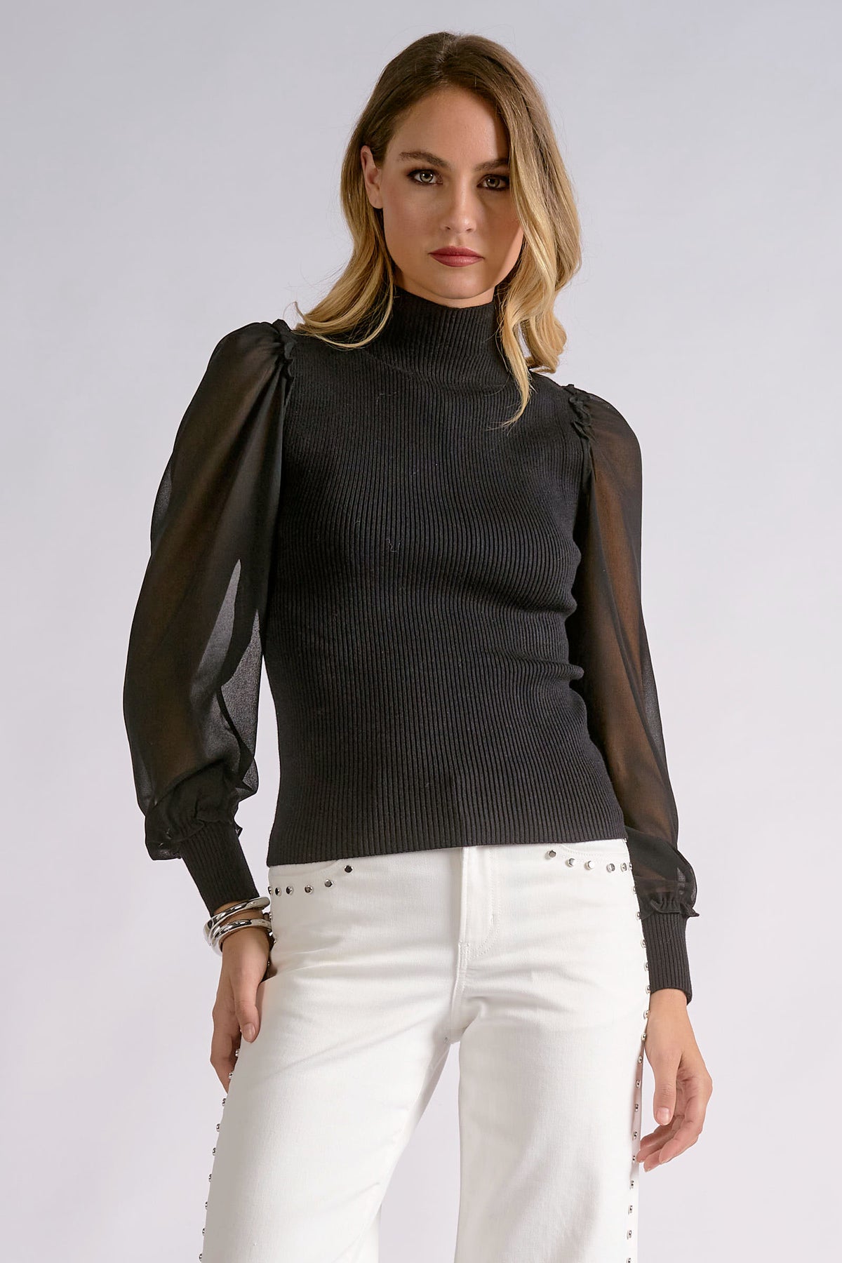 Sheer Sleeve Mock Neck Blouse