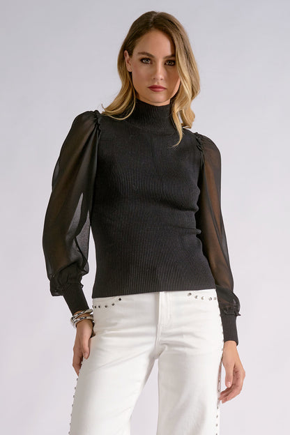 Sheer Sleeve Mock Neck Blouse
