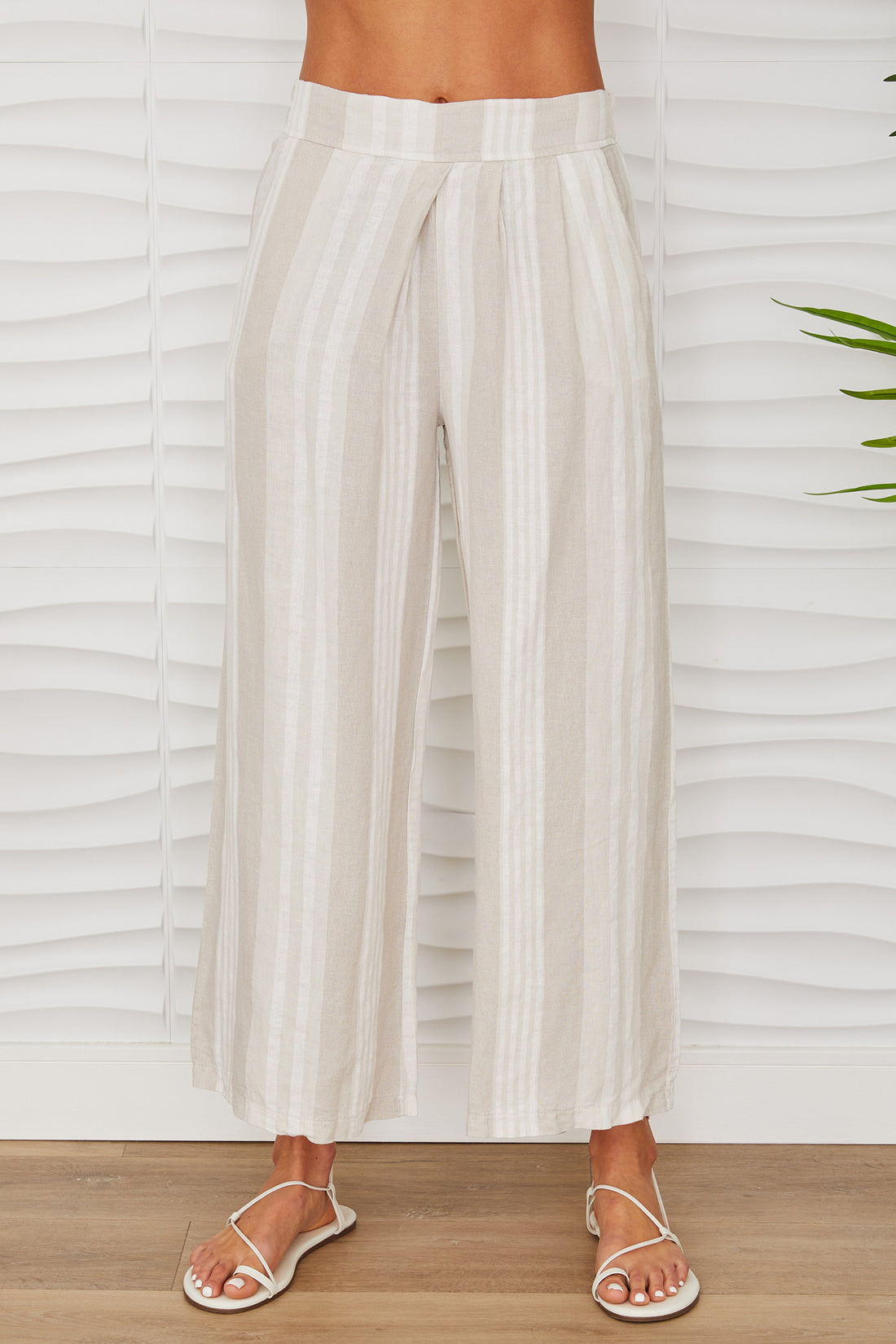 Flat Front Stripe Wide Leg Linen Pant W/ Pockets