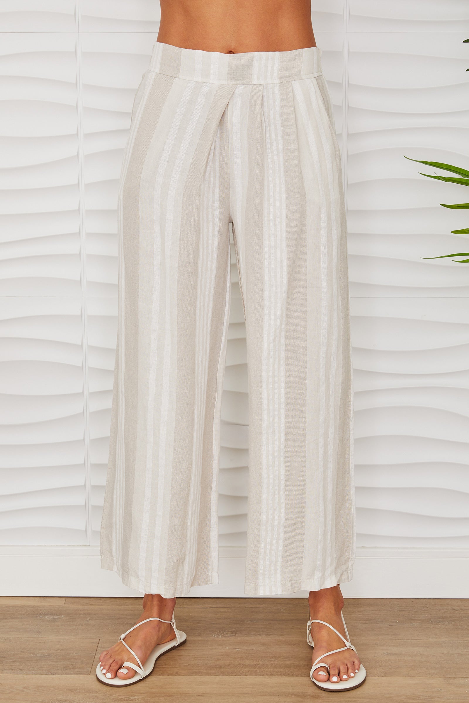 Flat Front Stripe Wide Leg Linen Pant W/ Pockets